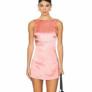 New NWT MORE TO COME Bianca Open Back Dress Blush satin Mini backless revolve